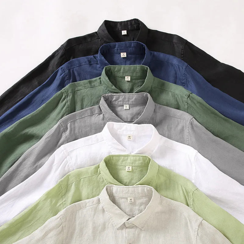 Long sleeve loose-fit linen cardigan shirt in Chinese style on a hanger