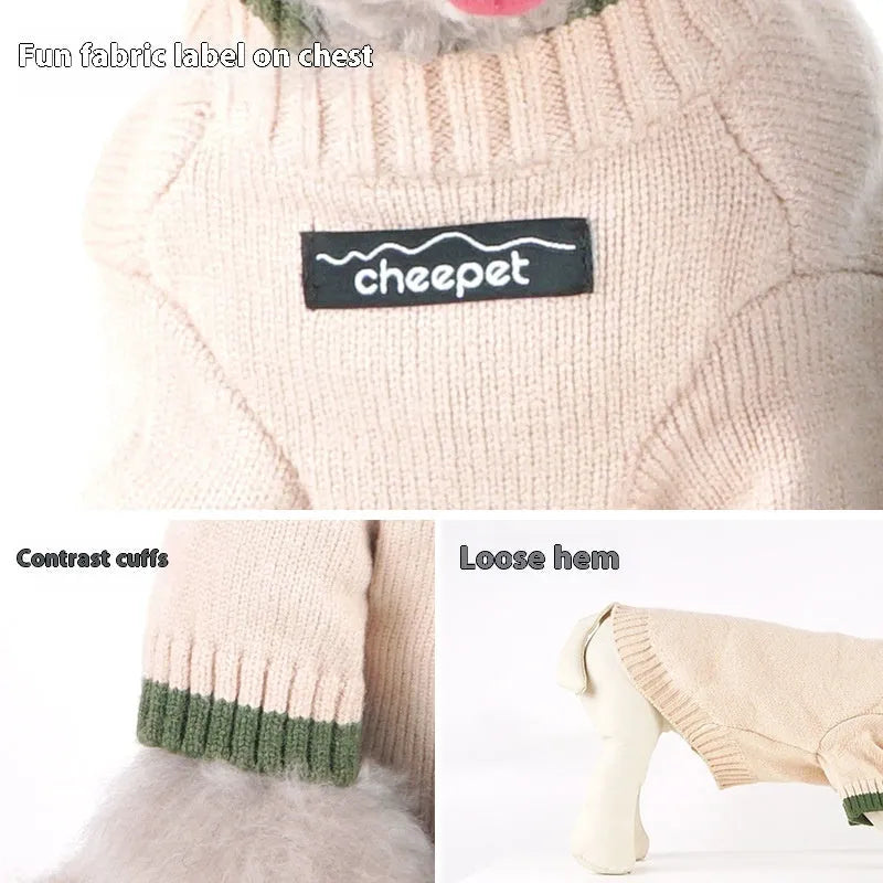 A Crown Blue two-leg pet sweater for a dog, made from wool blend fabric.