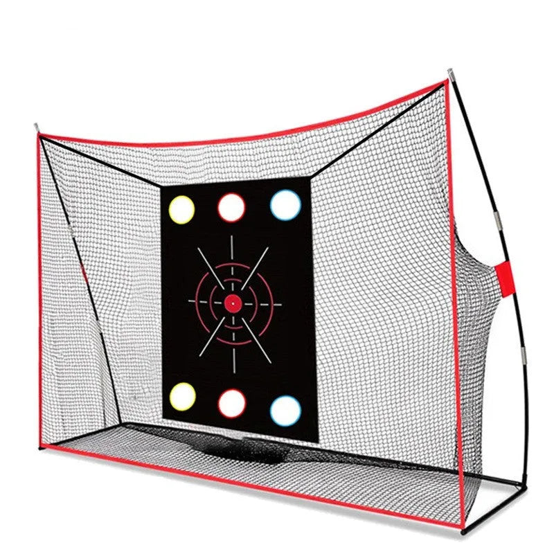 Golf wedge training net set with cross net, straw mat, practice balls and setup accessories