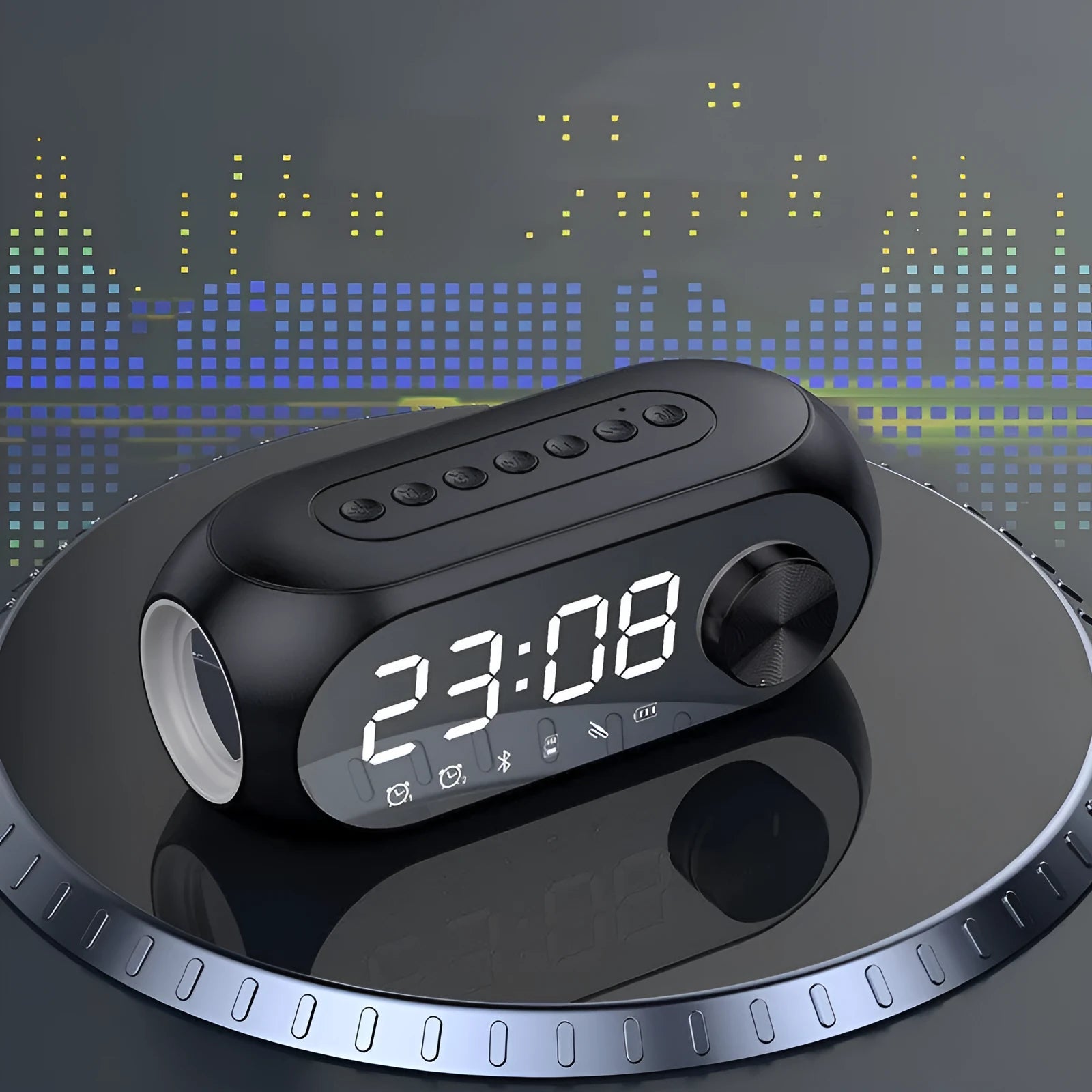 Portable mini clock Bluetooth speaker in S8 Black colour showing time display and extra bass audio features