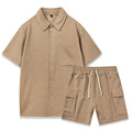 Women's polyester two-piece set with elastic waist shorts and plain short sleeve top in four colour options