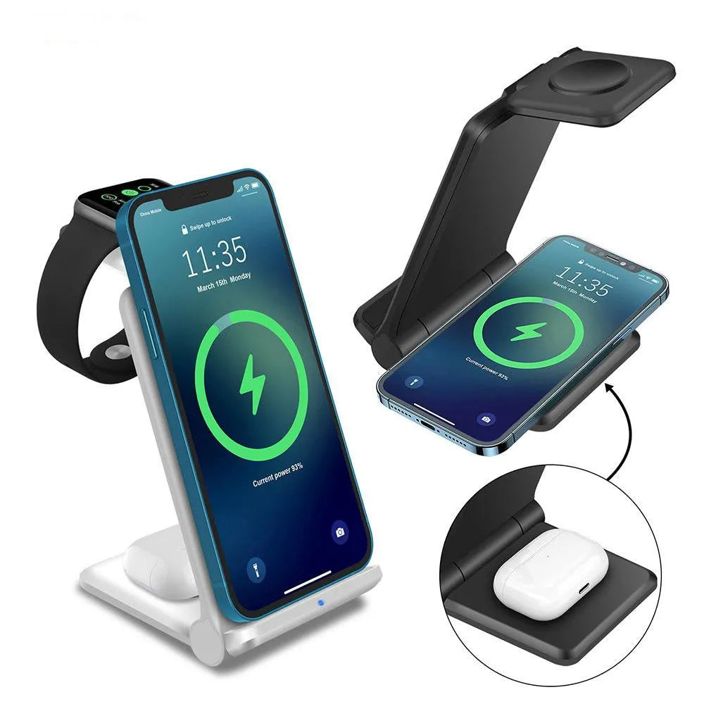 Black and white 3-in-1 foldable wireless charging station for phones AirPods and Apple Watch