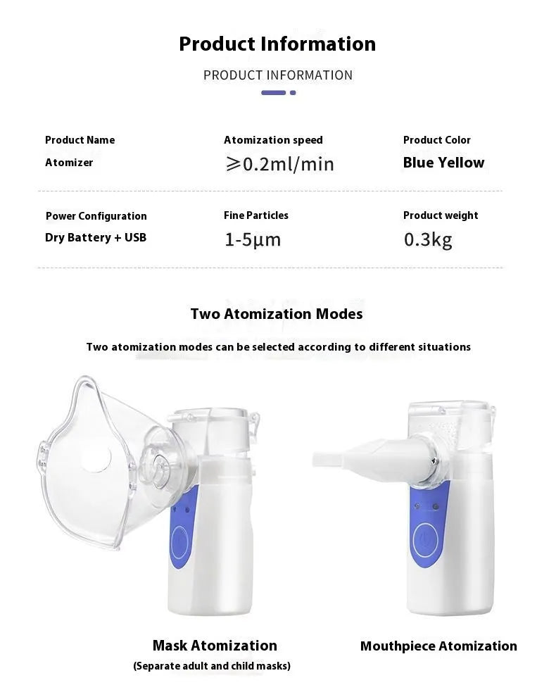Handheld columnar plastic nebuliser with USB cable for humidification and drug atomisation.