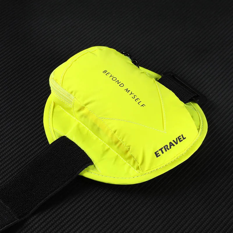 Reflective running arm bag with adjustable strap showing capacity for 7-inch phones