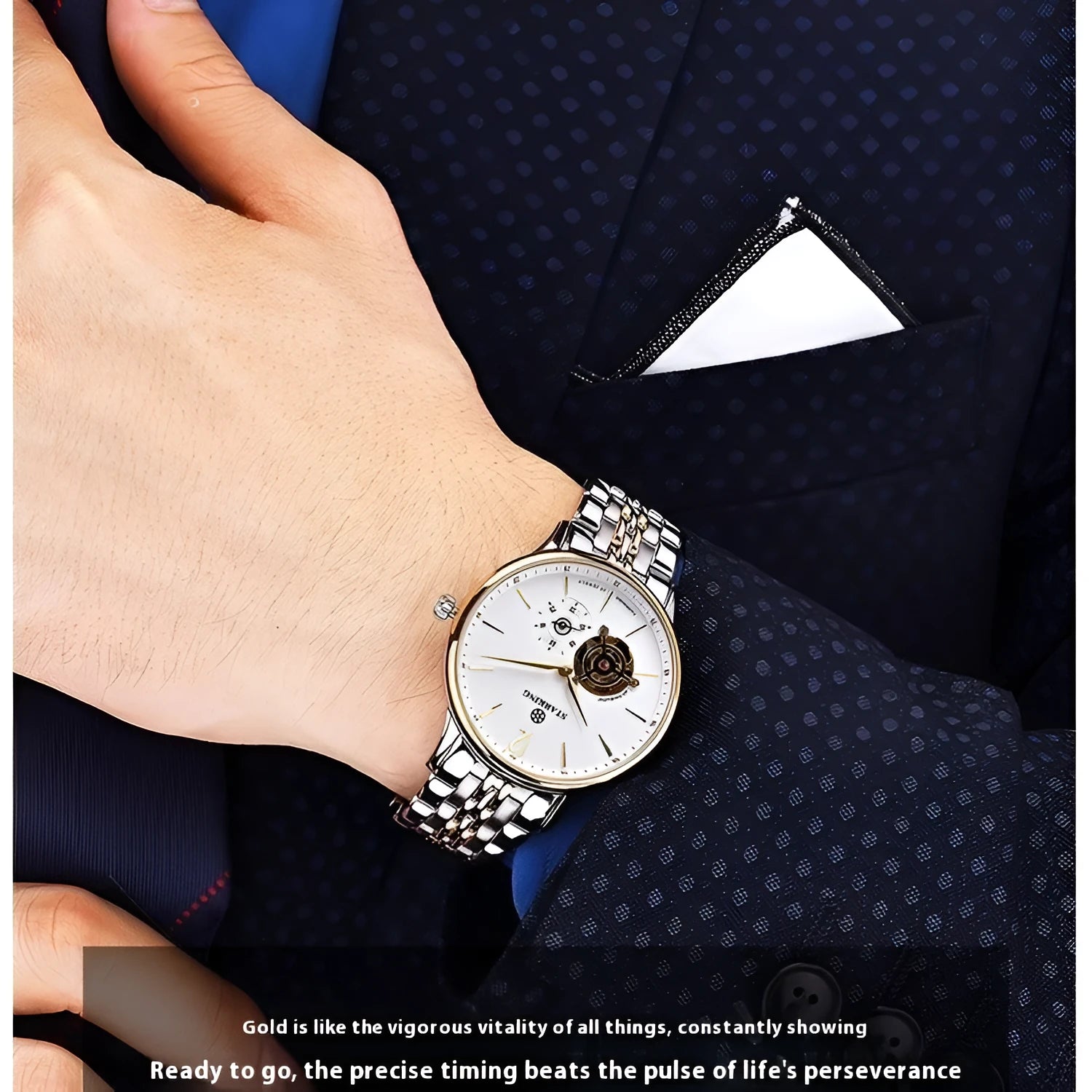 Automatic mechanical men's business watch with brown leather strap and white dial