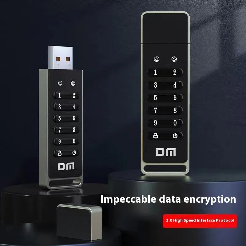 Metal encrypted USB flash drive with fingerprint sensor showing 64GB capacity and USB 3.0 interface