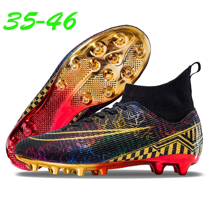 High-top soccer training shoes with gold-plated sole in synthetic leather and mesh construction