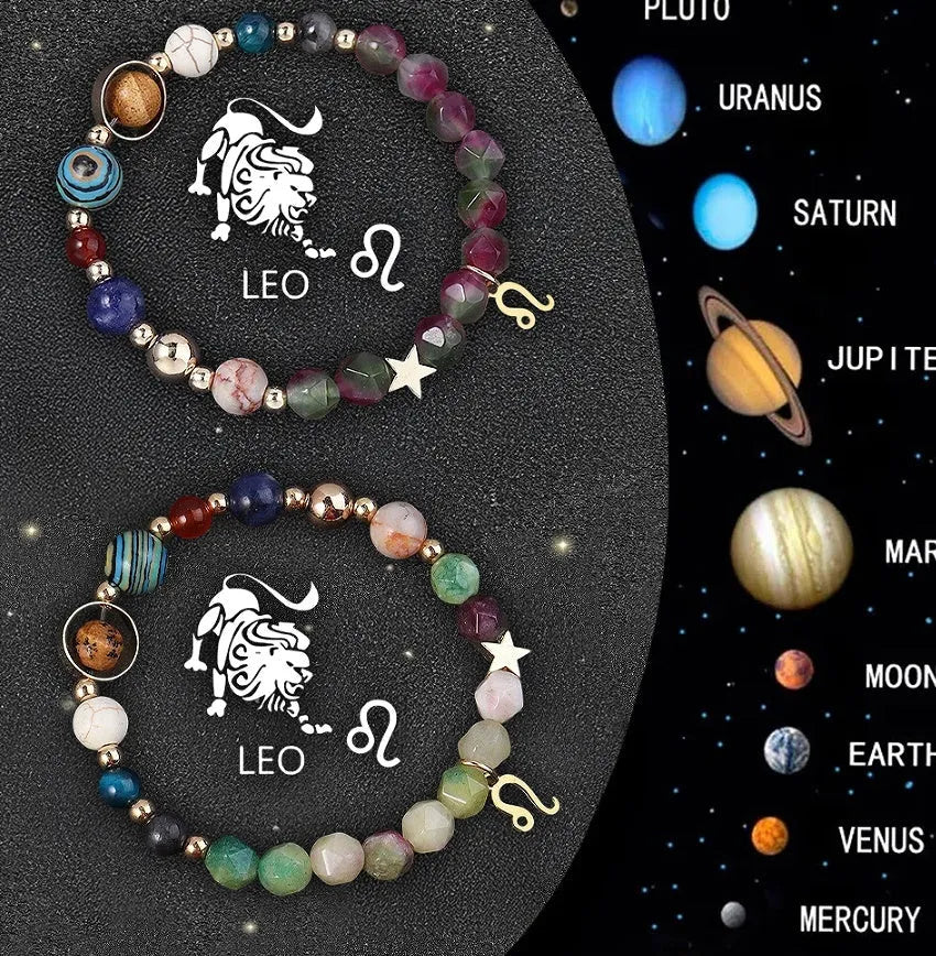 Set of two adjustable natural stone beaded bracelets showing different zodiac sign designs.