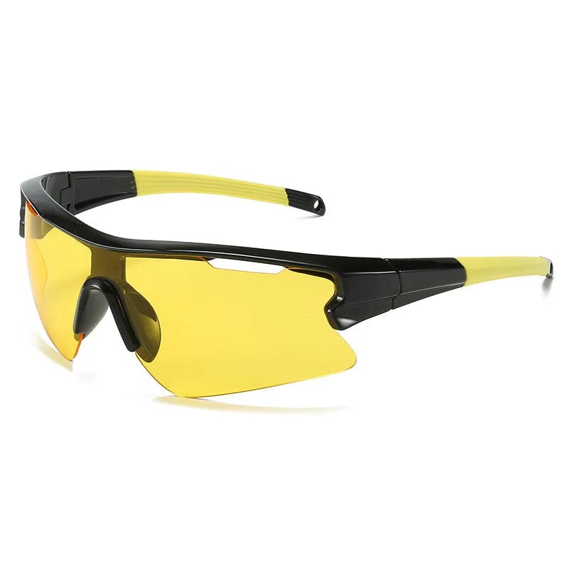 Windproof sports sunglasses with interchangeable lenses shown in black frame and grey lens option.