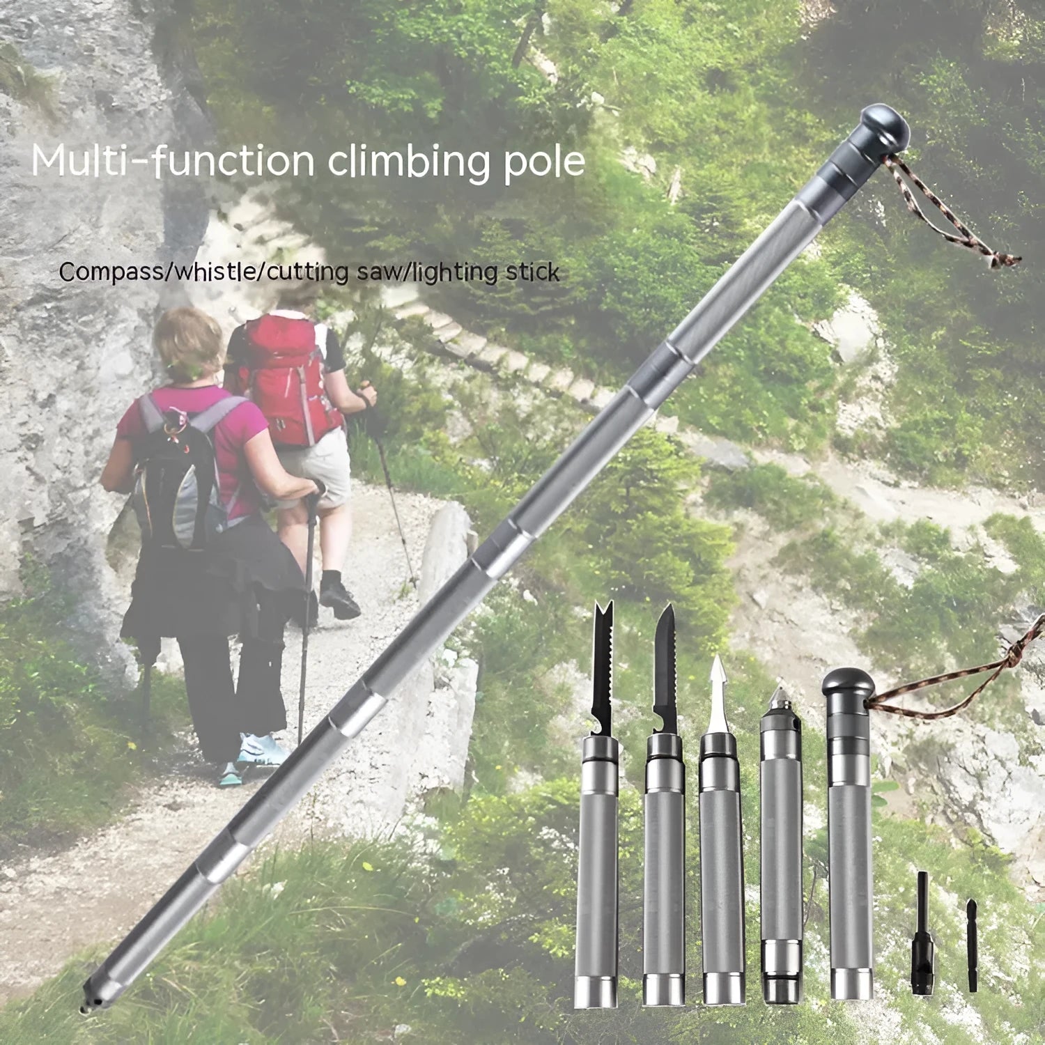 Silver aluminium alloy folding hiking stick 95cm for outdoor hiking and self-defence survival