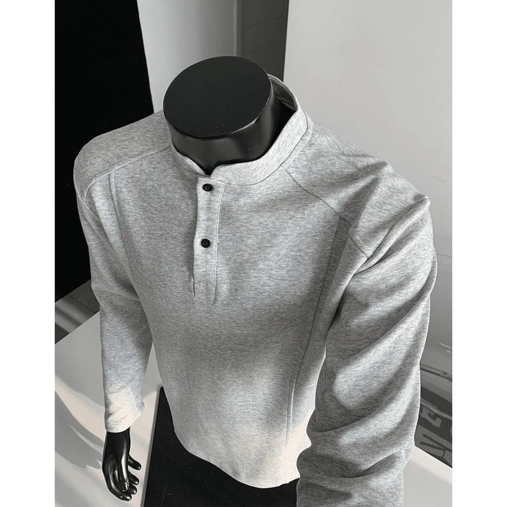Men's long sleeve patchwork polo shirt with stand-up collar in black, heather gray, and white flower gray cotton fabric