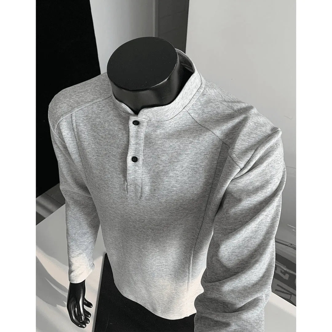 Men's long sleeve patchwork polo shirt with stand-up collar in black, heather gray, and white flower gray cotton fabric