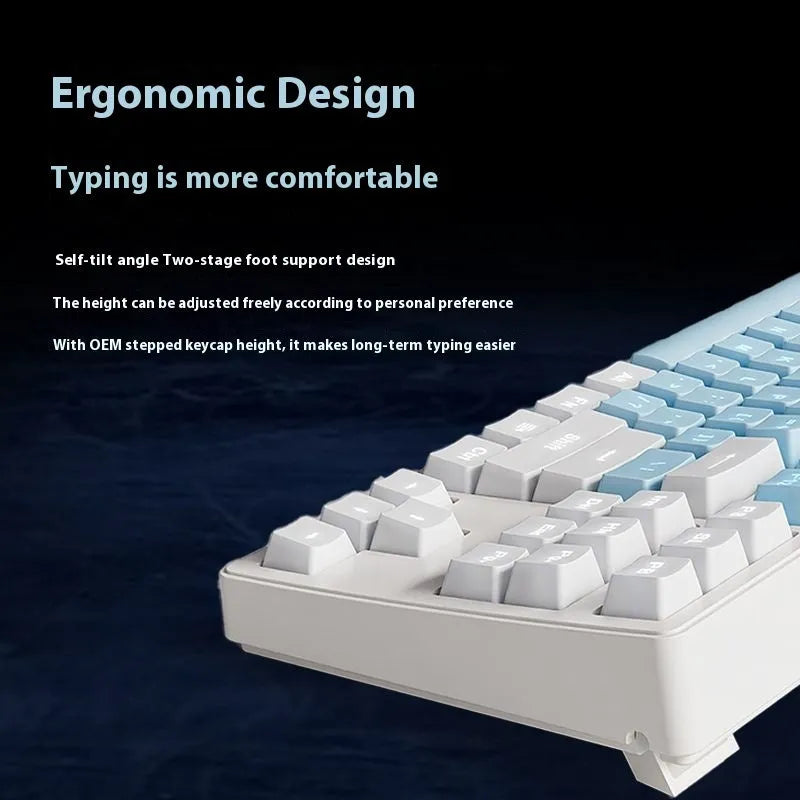 Wireless mechanical keyboard with three connection modes, shown in a choice of 87-key or 108-key layouts and various colour themes.