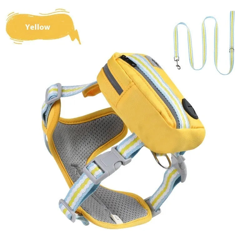 Explosion-proof anti-strangulation pet harness in green colour with adjustable chest design and attached holding rope