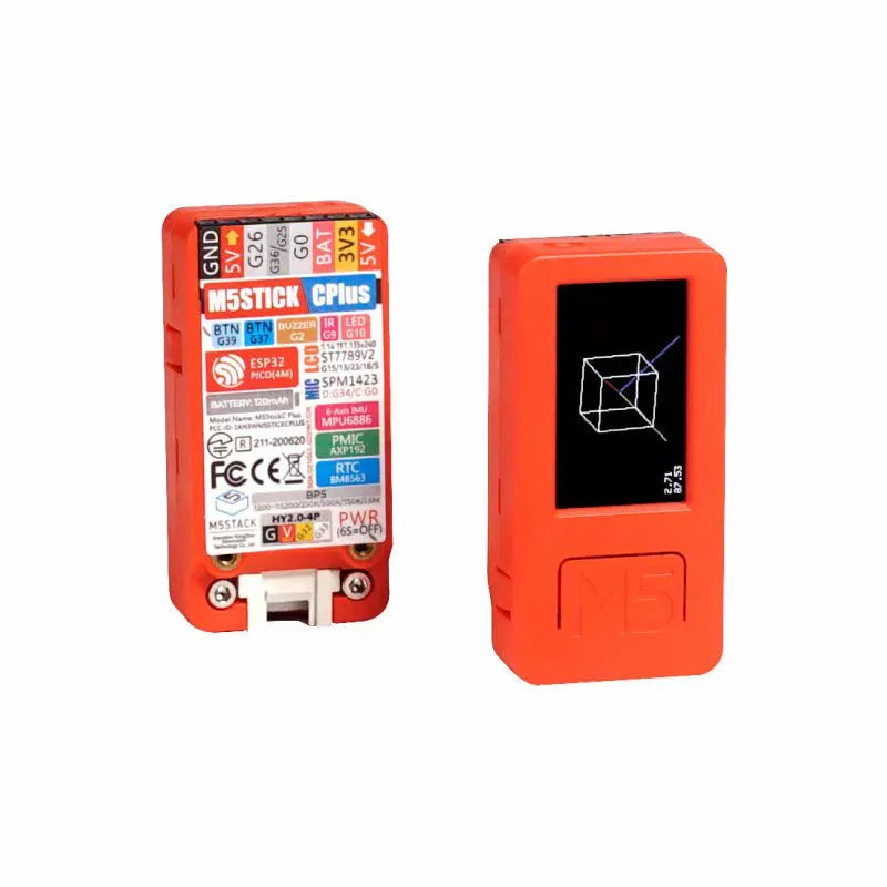 Official IoT development board with 1.14-inch colour screen, Type-C port, and two buttons on a PC enclosure