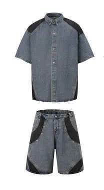 Retro washed denim short-sleeved jacket and trousers suit in blue or black