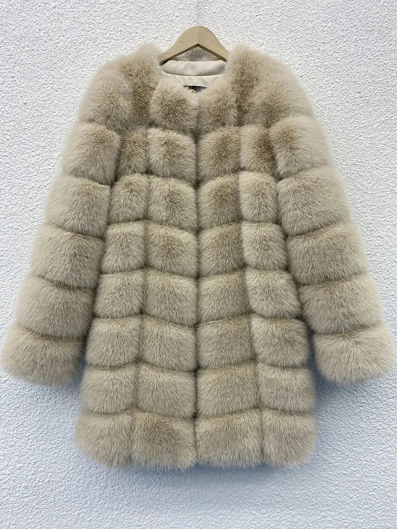 Women's thick black artificial fur coat with regular sleeves and 80cm length