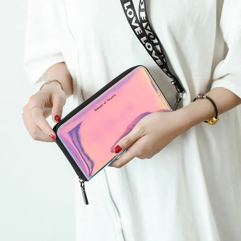 Short Korean style PU leather women's folding wallet in glitter, blue or green, showing compact 11cm size.