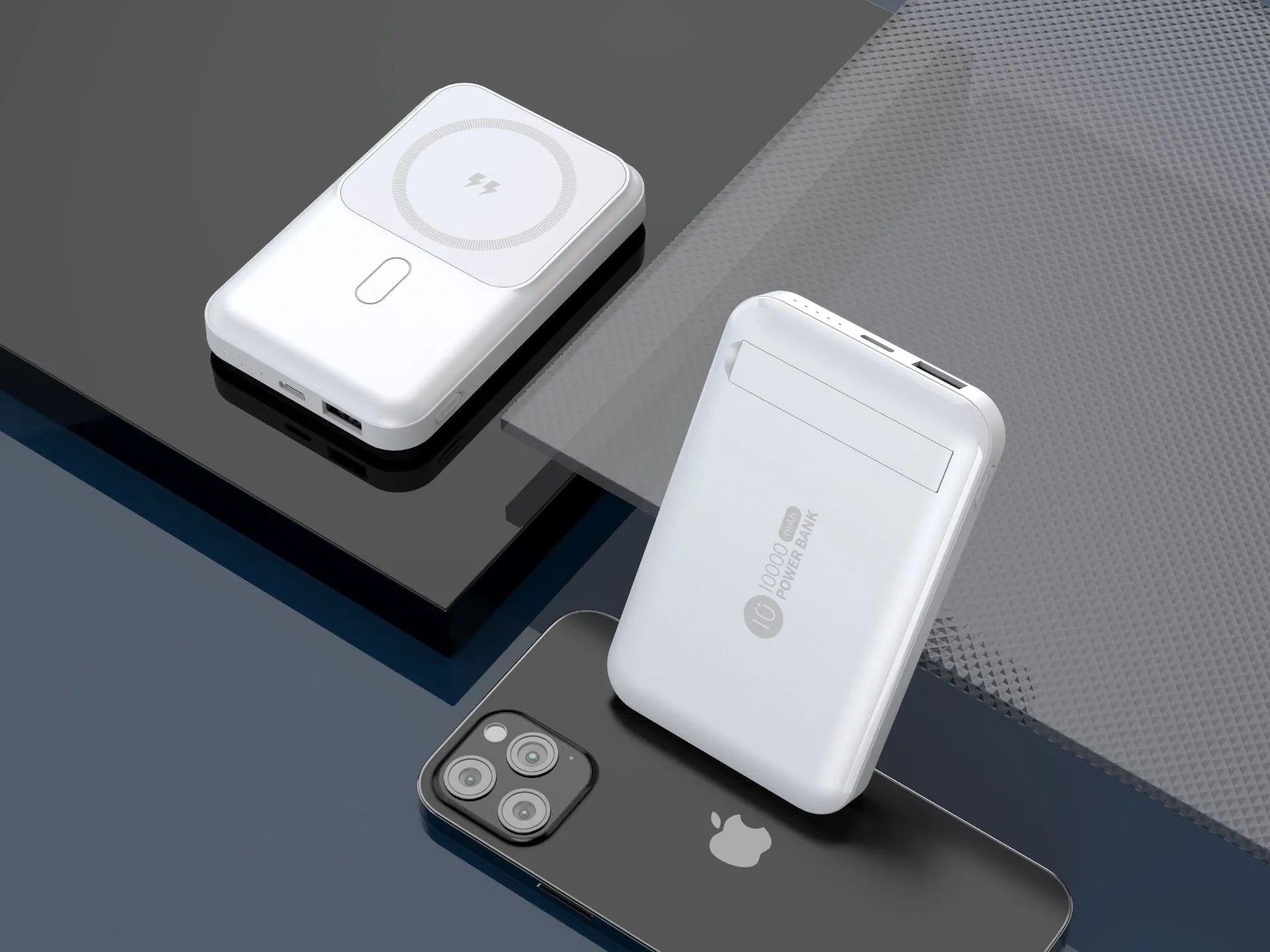 Magnetic wireless charging power bank with folding stand in pearl white colour.