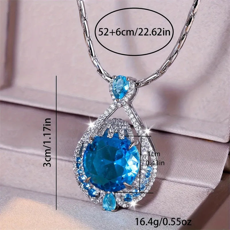 Blue geometric crystal pendant necklace with fireworks cut on a water wave chain for women