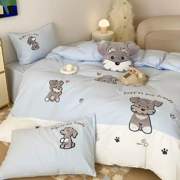Schnauzer cartoon pattern bedding set with embroidered dog design on thickened cotton