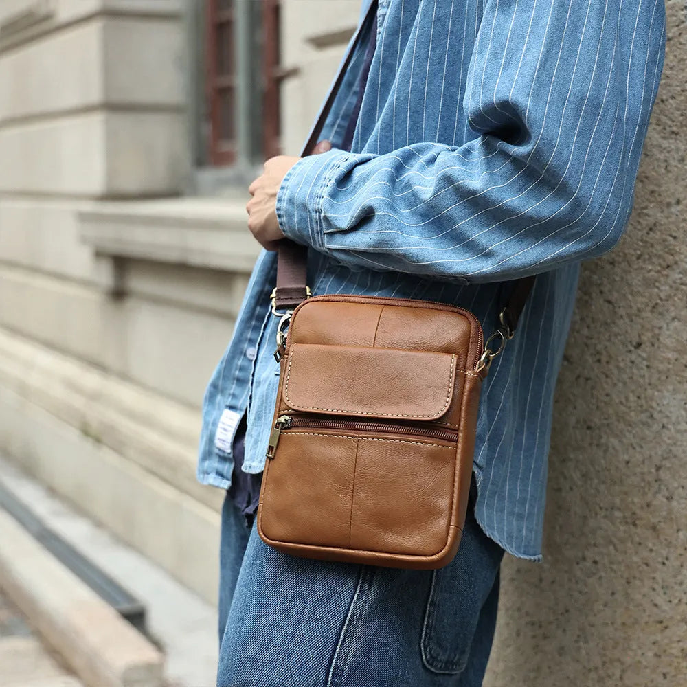 Men's brown genuine leather crossbody shoulder bag with visible stitching details
