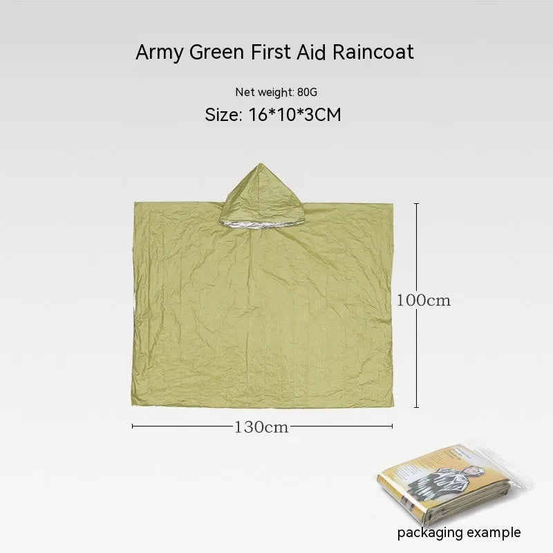 Orange emergency relief tent with sleeping bag and raincoat in temporary outdoor shelter setup