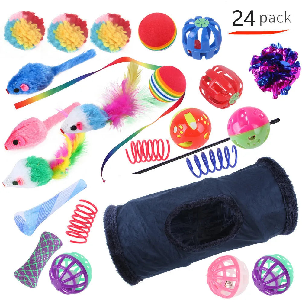 Plastic cat toy channel maze set with coloured accessories for feline play