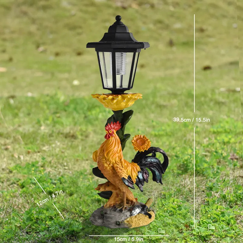 Solar hexagonal garden lamp with decorative resin figurine on plastic base for outdoor pathway lighting