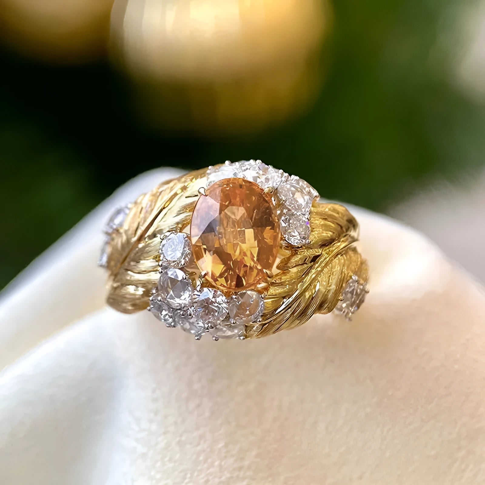 Gold-coloured embossed feather ring for women with an inlaid yellow zircon stone.
