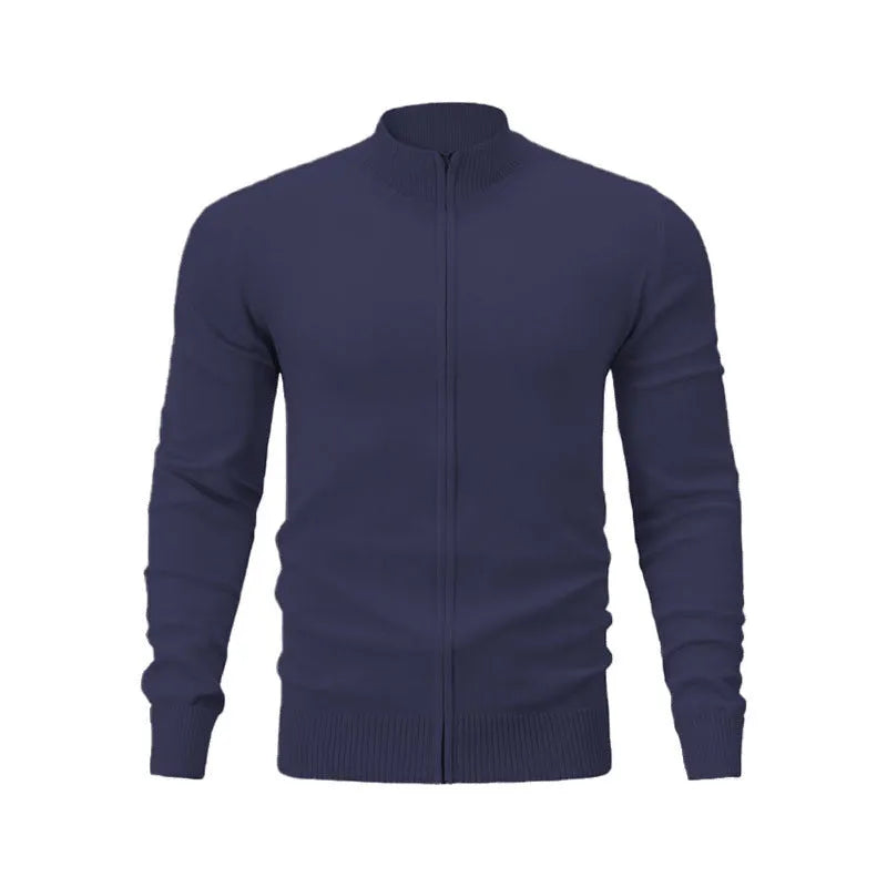 Man wearing a stand collar casual zip-up sweater in a solid colour, showing the full-length front zipper and loose fit.
