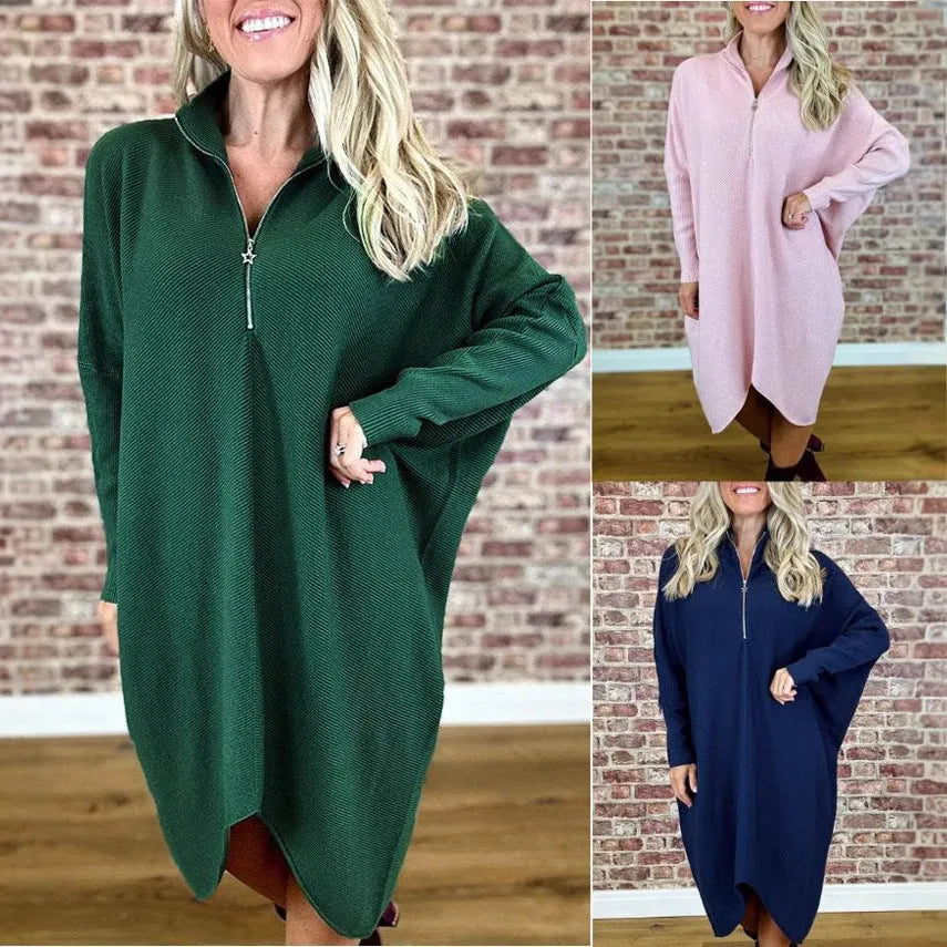 Women's solid colour loose knitted dress with raglan sleeves and a front zip detail