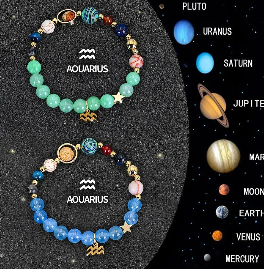 Two natural stone beaded bracelets with Chinese zodiac animal designs on elastic wristbands.