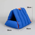 Triangular cat bed with blue removable cotton cover showing combination holes