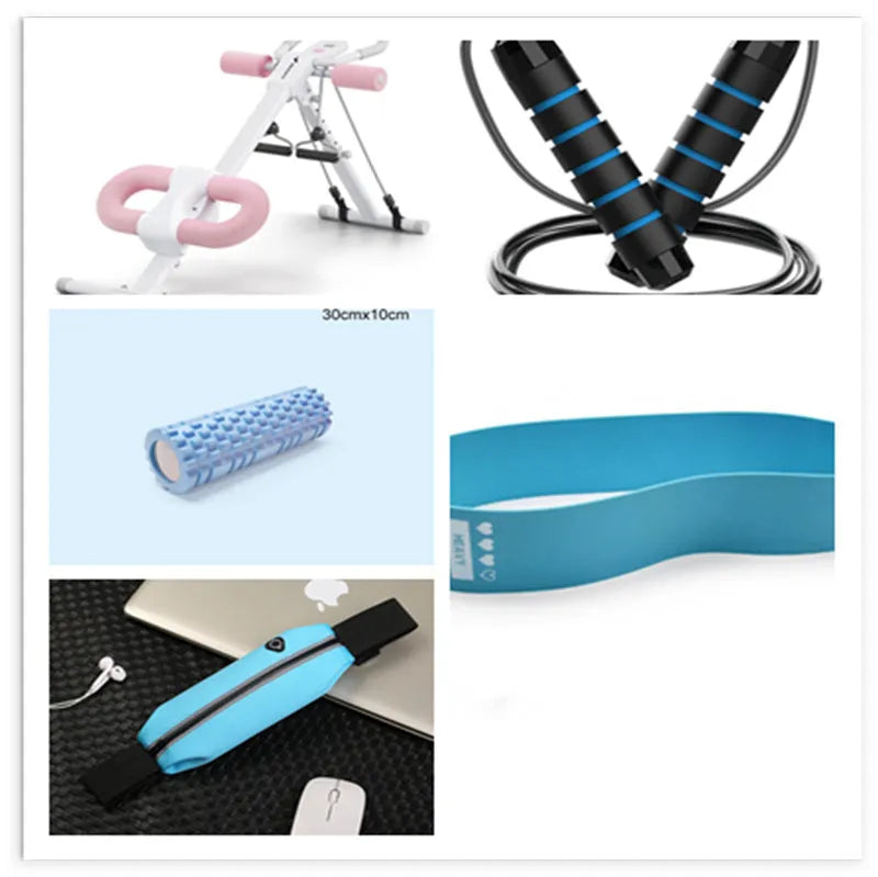 AB Rocket waist-shaping machine with steel frame, foam padding, and blue count drawstring for home core fitness