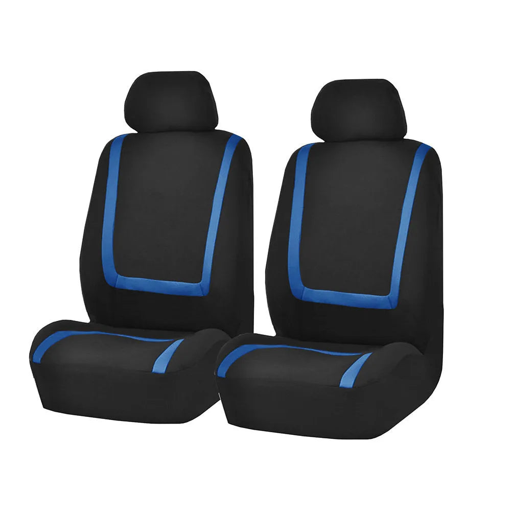 Fully enclosed fabric car seat cover set shown in a two-tone colour on a vehicle seat.