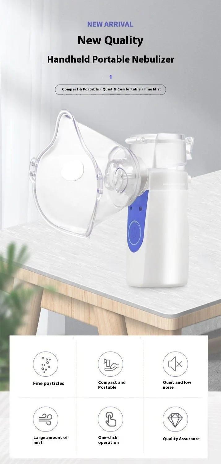 Handheld columnar plastic nebuliser with USB cable for humidification and drug atomisation.