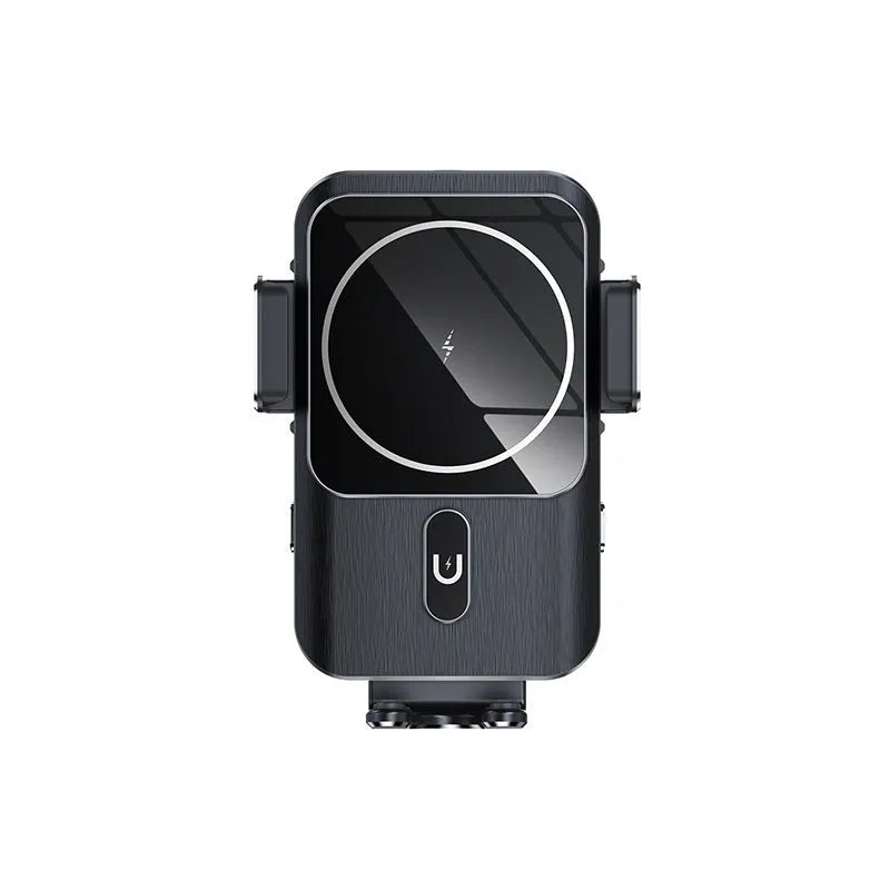 Black car wireless charging phone holder showing 15W charging capability with clip and suction cup mounting options