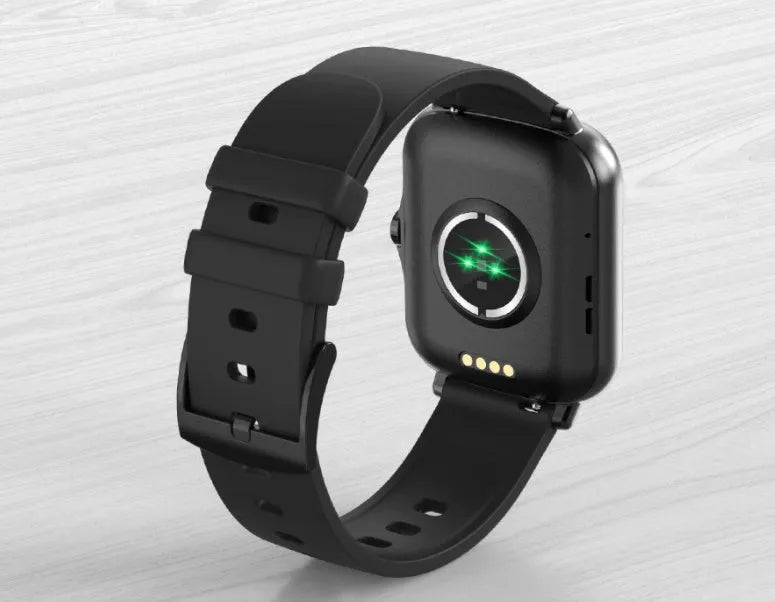 Smart watch with 1.7-inch colour touch screen showing fitness metrics on black strap