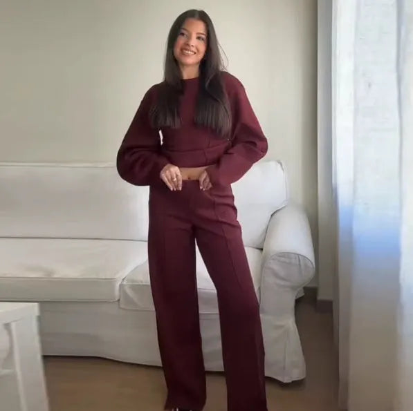 Women's polar fleece suit set with pleated long sleeve top and wide leg trousers in multiple colour options