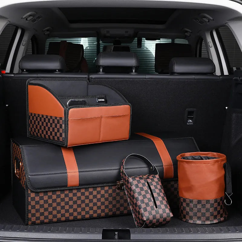 Leather retractable car trash can shown in folded and open states, with handle and waterproof construction.