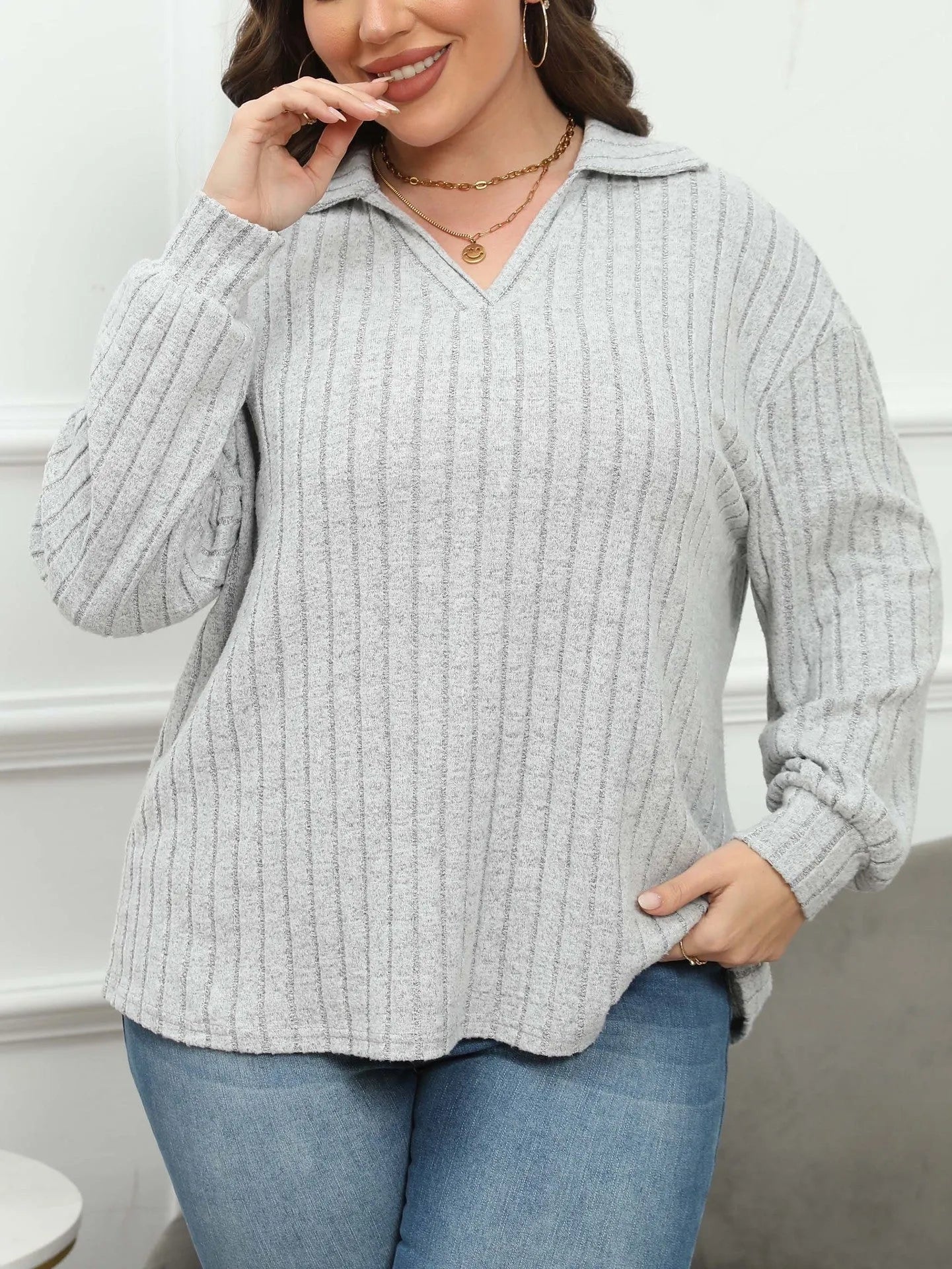Women's plus size gray polo collar fleece blouse with lantern sleeves