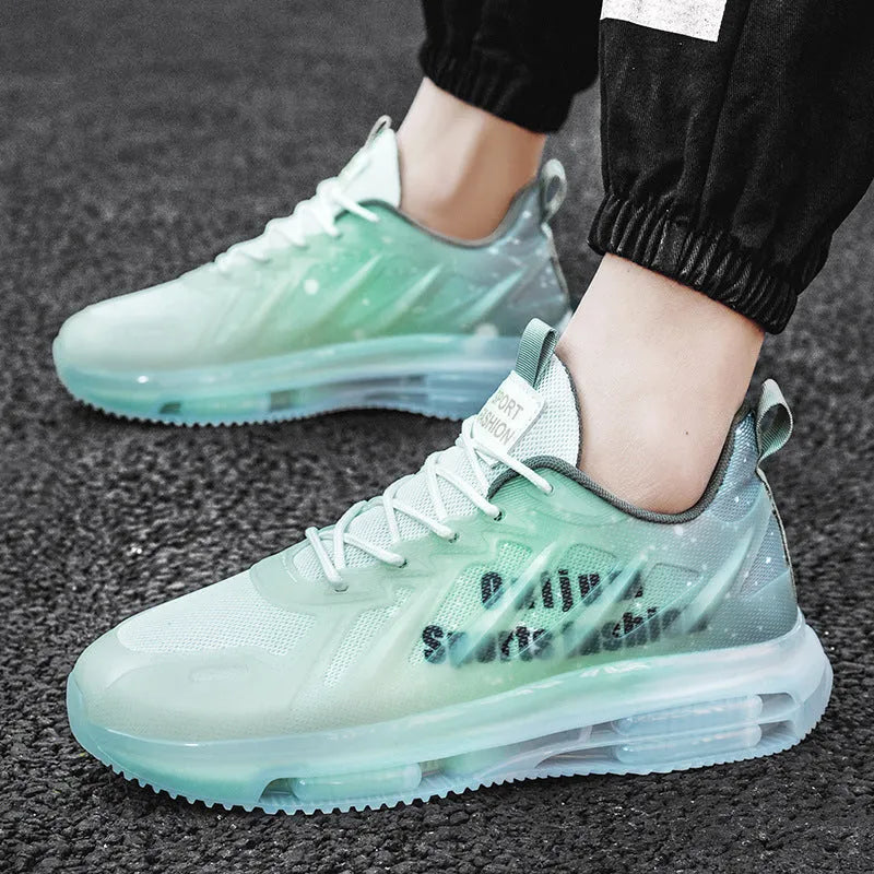 Men's black and green heightened platform casual shoes with mesh upper and rubber sole