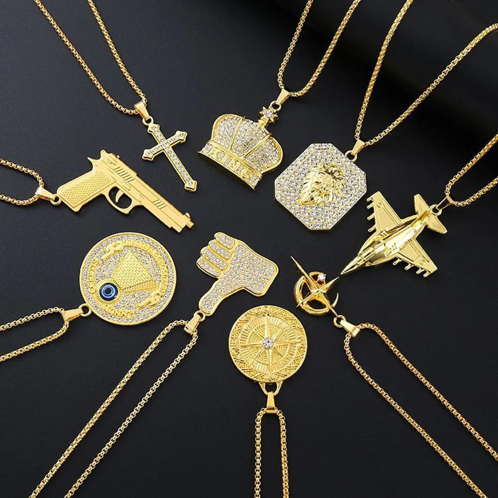 Geometric gold-tone alloy pendant necklace for women with an inlaid zircon stone.
