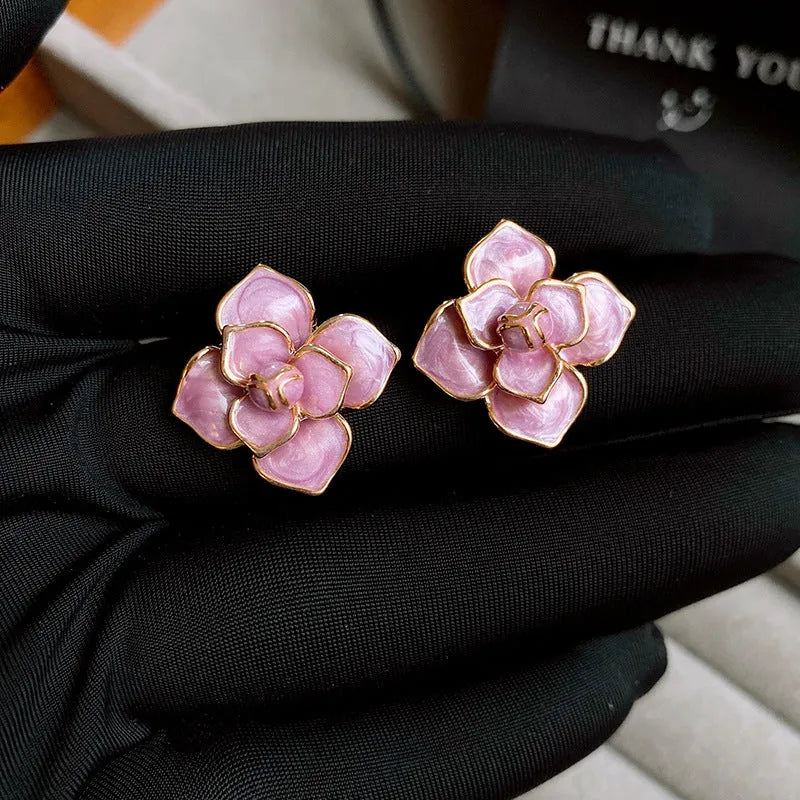 Gold plated purple oil-spot glaze floral stud earrings with copper base and fresh design