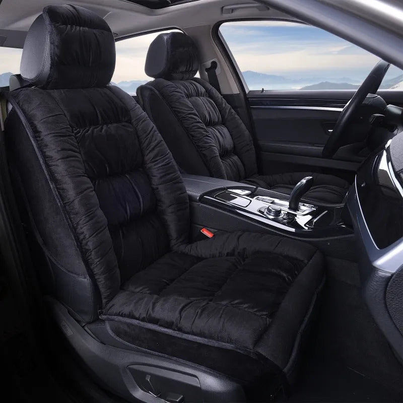 Winter short plush car seat cushion set in grey, showing wool cotton filler and polyester cover.