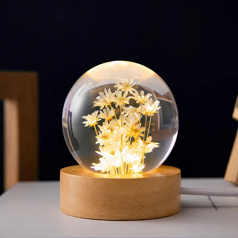3D dandelion crystal ball night light on a beech wood stand, USB powered desktop ornament.