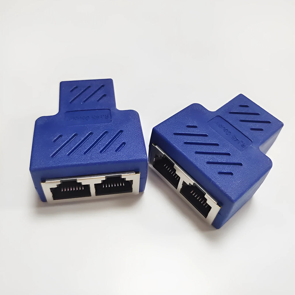 Two white RJ45 network cable splitters showing three female Ethernet ports each.