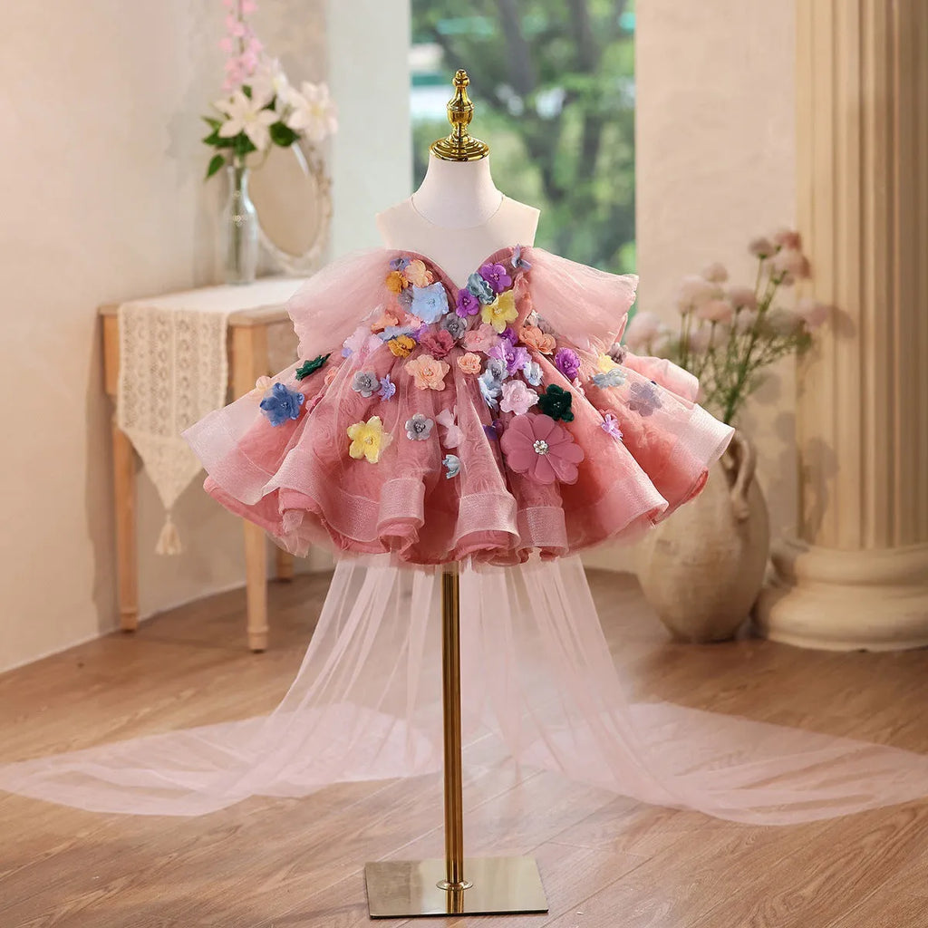 FARCENT Mori style girls' dress in Advanced Bean Pink polyester for piano performance, front view
