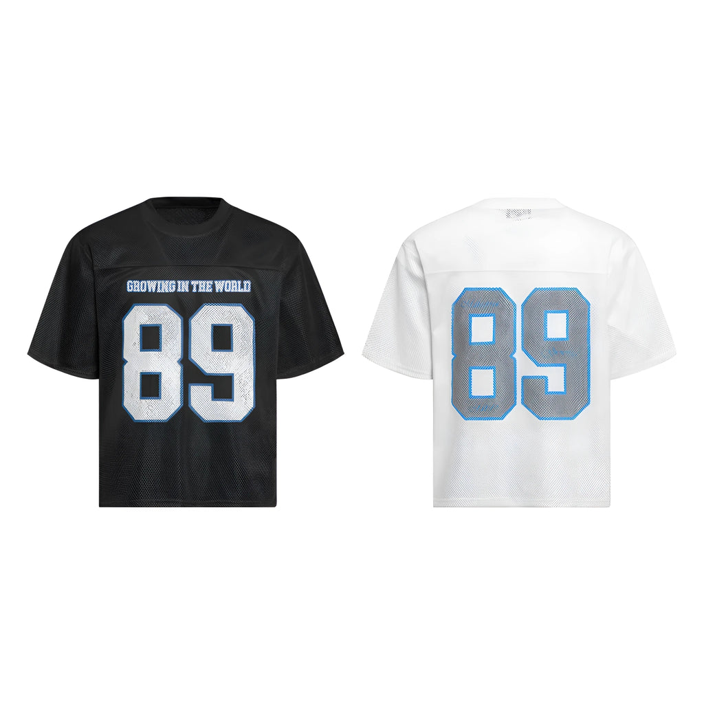 Black and white loose-fit t-shirt with alphanumeric printing on the front